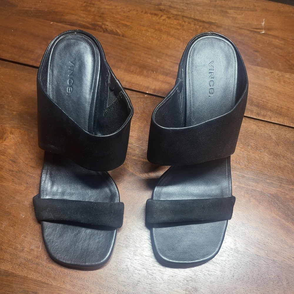Vince Shoes Womens Size 7.5 Black Leather Suede Block Heel Mule Sandals